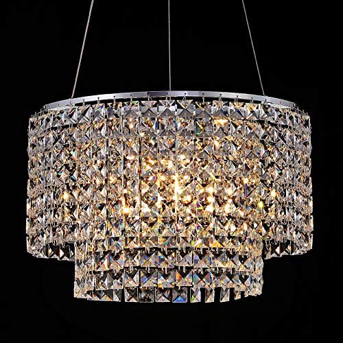 3-Light Crystal Chandeliers,Large Round Pendant Lamp,Modern Adjustable Ceiling Light Fixture,K9 Crystal Chandelier for Bedroom,Bar,Kitchen, Bathroom,Dining Room,White and Chrome,H9.9 x W15.75