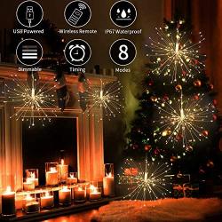 Christmas Tree Decorations Firework Lights, USB Powered Starburst String Lights 480 LED Copper Wire Fairy Lights with 8 Modes and Remote Control Hanging Lights for Holiday Decor (Battery Not Included)