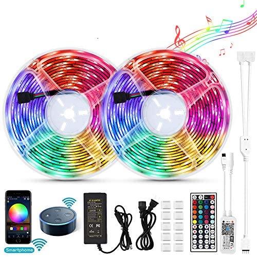 LUNSY Smart LED Strip Lights 32.8 ft/10m, Music Sync, Bluetooth APP Controlled, Remote Control, RGB, 300LED SMD5050, IP65 Waterproof Outdoor, 12V, Alexa Controlled