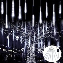 JMEXSUSS Christmas Lights Meteor Shower Rain Lights Solar Powered Meteor Shower Lights 30cm 8 Tube 144 LEDs, Meteor Lights Led Falling Rain Light for Xmas Tree Weeding Party(White)
