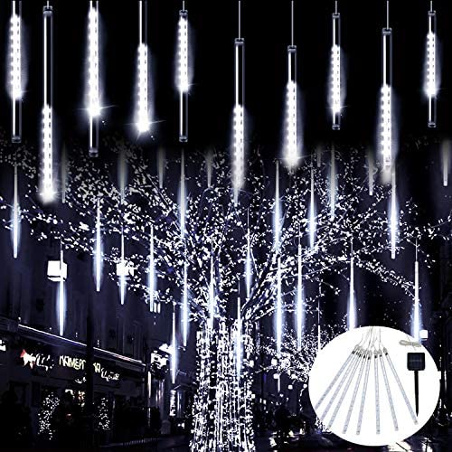 JMEXSUSS Christmas Lights Meteor Shower Rain Lights Solar Powered Meteor Shower Lights 30cm 8 Tube 144 LEDs, Meteor Lights Led Falling Rain Light for Xmas Tree Weeding Party(White)