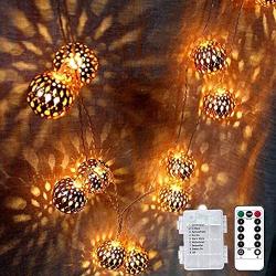 LOGUIDE Moroccan String Lights,Big Metal Globe String Lights with Remote Timer,Indoor Outdoor Battery Operated Fairy Lights for Wedding,Bedroom,Window,Garden,Patio Decorations,Rose Gold Ball 20 LEDs