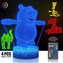 4PCS 3D Bear Night Light (Hippopotamus, Camel, Mice, Bear) , Cool Led Illusion Bear Lamp, Remote 16 Color Change Bear Lights, Bed Room Living Decor Kids Girls Boys Xmas Bear Gift, DDD Lamp