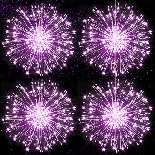 4 packs Firework Lights Copper Wire LED Lights, 8 Modes Dimmable String Fairy Lights with Remote Control, Waterproof Hanging Starburst Lights for Parties,Home,Christmas Outdoor Decoration, Purple