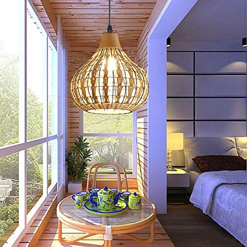 Bamboo Lantern Pendant Lamp, Retro Japanese Style E27 Chandelier Hanging Light Ceiling Lighting Fixture for Living Room Bedroom Restaurant Cafe Teahouse Bar Dining Room Club