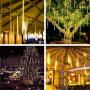 Solar Meteor Shower Rain Lights, 144LED 8 Tubes Romantic Falling Rain Drop Christmas Lights for Wedding Party Christmas Patio Outdoor Decoration (Warm White)