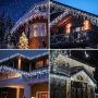 Qunlight LED Icicle Lights, 300 LEDs, 33ft, 8 Modes, Curtain Fairy Light with 60 Drops, Clear Wire LED String for Christmas/Thanksgiving/Easter/Halloween/Party Backdrops Decorations (Cool White)