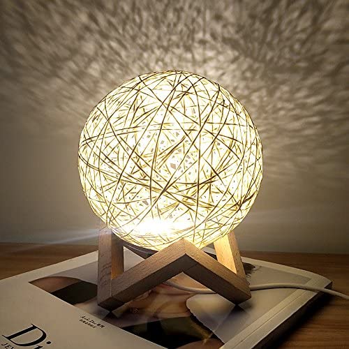 Romantic Night Light Creative INS Wind Starry Table lamp Bedroom Bedside lamp Fantasy Rattan Ball Moon Light (Light Yellow, Button Switch)