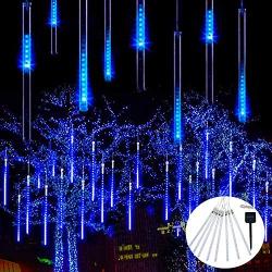 JMEXSUSS Christmas Lights Meteor Shower Rain Lights Solar Powered Meteor Shower Lights 30cm 8 Tube 144 LEDs, Blue Meteor Lights Led Falling Rain Lights for Xmas Tree Weeding Party
