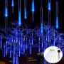 JMEXSUSS Christmas Lights Meteor Shower Rain Lights Solar Powered Meteor Shower Lights 30cm 8 Tube 144 LEDs, Blue Meteor Lights Led Falling Rain Lights for Xmas Tree Weeding Party