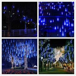 Zezuxy Falling Rain Lights Blue, UL Certified Meteor Shower Lights with 30cm 8 Tubes 144 LEDs Rain Drop Lights, Snow Falling Lights Cascading Icicle String Lights for New Year Gift Tree Garden Outdoor