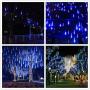 Zezuxy Rain Drop Lights Blue, Meteor Shower Lights with 11.8 inch 8 Tubes 144 LED Falling Rain Light, Outdoor Icicle Snow Cascading Christmas String Lights for Holiday Tree Wedding Party New Year Gift