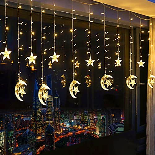 Tencoz 138 LED Star Curtain Lights, Window Curtain String Light Moon Star Fairy String Lights for Wedding Party Home Garden Bedroom Outdoor Indoor Wall Decorations (Warm White)