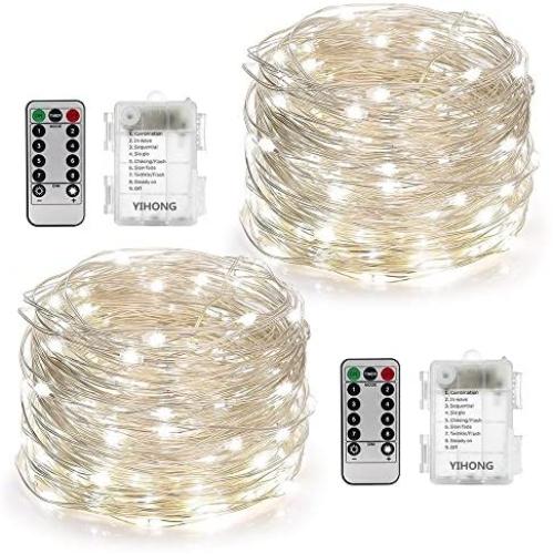 YIHONG 2 Set Christmas Fairy Lights Battery Operated,16ft 50LED String Lights Remote Control Timer Twinkle String Lights 8 Modes Silver Wire Firefly Lights for Garden Party Indoor Decor-White
