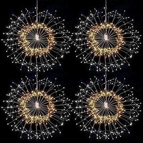 4 packs Firework Lights Copper Wire LED Lights, 8 Modes Dimmable String Fairy Lights with Remote Control, Waterproof Hanging Starburst Lights for Parties,Home,Christmas Outdoor Decoration