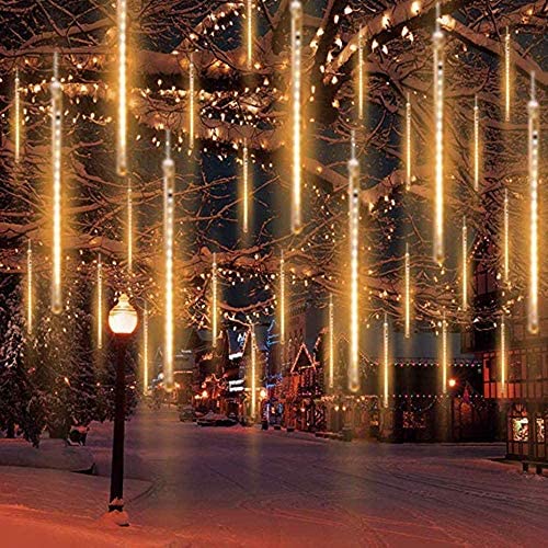 Meteor Shower Christmas Falling Rain Lights Outdoor - Supporting Up to 7 Sets Connectable Christmas Rain Lights, 8 Tubes 192 LED Waterproof Meteor Lights for Party Christmas Decoration (Warm White)