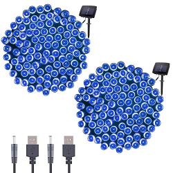 Qunlight Solar Fairy String Lights 72ft 200 LED Outdoor Waterproof USB Solar Powered 2 Modes with Timer Function Decorative Lighting for Patio Law Xmas Garden Homes Party Decore(Blue 2pcs)
