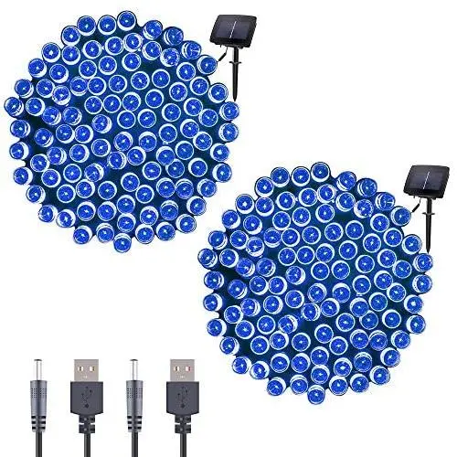 Qunlight Solar Fairy String Lights 72ft 200 LED Outdoor Waterproof USB Solar Powered 2 Modes with Timer Function Decorative Lighting for Patio Law Xmas Garden Homes Party Decore(Blue 2pcs)