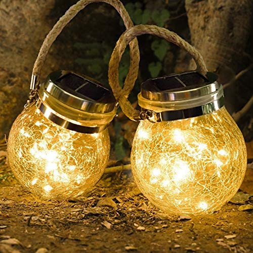 WELTRANS 2 Pack Hanging Solar Lights, 30 Led Solar Lanterns Outdoor String Fairy Lights, Crackle Mason Jar Glass Lamp for Tree, Table, Yard, Garden, Patio, Lawn, Party Outdoor Decorations(Warm White)