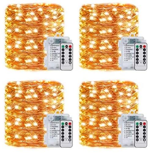 LEDIKON 4 Pack 33Ft 100 Led Fairy Lights Battery Operated with 8 Modes Remote and Timer,Waterproof Copper Mini String Lights Firefly Twinkle Lights for Outdoor Wedding Chirstmas,Warm White