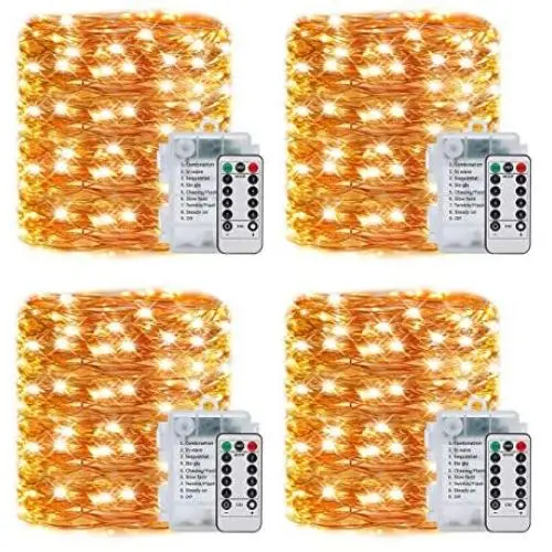 LEDIKON 4 Pack 33Ft 100 Led Fairy Lights Battery Operated with 8 Modes Remote and Timer,Waterproof Copper Mini String Lights Firefly Twinkle Lights for Outdoor Wedding Chirstmas,Warm White