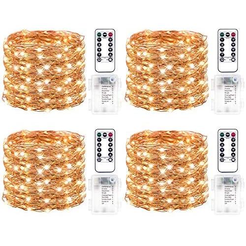 4 PACK LED Light String Battery Powered,50 LEDs on 16.5ft Copper Wire with 8 Modes Remote Control and Timer, Outdoor Christmas Fairy Lights for Bedroom Wedding Party Decor(Warm White)