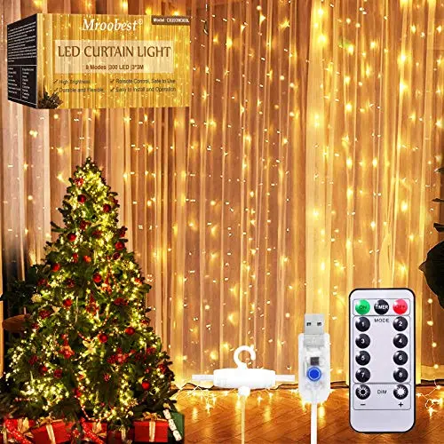 Curtain String Lights, Window Curtain Lights, 300 LED Curtain Fairy Lights, 8 Modes, 3mX3m with Hooks, Waterproof, with Remote Control Timer, for Bedroom Christmas Party Garden Decoration