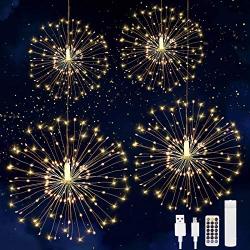 480 LED String Light, 4Pcs USB Rechargeable Battery Operated Hanging Indoor/Outdoor Light, 8 Modes Starburst Fairy Firework Light Remote Control,Waterproof Decorative Light for Party Wedding Christmas