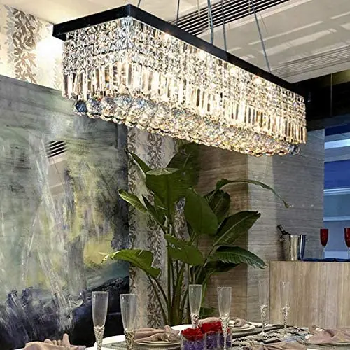 Moooni Rectangular Crystal Chandelier Modern Rectangle Raindrop Pendant Light Fixture for Dining Room Kitchen Island Black 10 Lights L47.3'' x W9.8'' x H9.8''