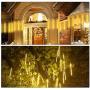 Solar Meteor Shower Rain Lights, 144LED 8 Tubes Romantic Falling Rain Drop Christmas Lights for Wedding Party Christmas Patio Outdoor Decoration (Warm White)
