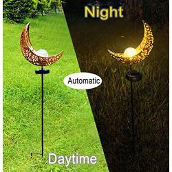 Solar Garden Stake Lights, Crackle Glass Globe with Hollowed-Out Metal Moon Molded,Solar Led Landscape Lights, Outdoor Waterproof Automatic On/Off Solar Powered Yard, Patio,Deck,Lawn Lighting Decor