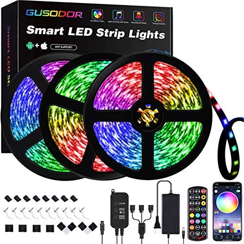 Gusodor Led Strip Lights 50 Feet Led Lights Music Sync Smart Rope Lights Color Changing Timing with 24 Key Remote App Control RGB Tape Light DIY Colors Led Lights for Bedroom Home TV Party