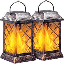 TomCare Solar Lights Outdoor Flickering Flame Metal Solar Lantern Outdoor Hanging Decorative Lanterns Heavy Duty Waterproof Umbrella Decorations Lighting for Patio Garden Deck Yard, 2 Pack