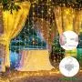 Homemory Hanging Window Curtain Lights 9.8 Ft Dimmable & Connectable, USB Powered with Remote, 4 Music Sync Function Twinkle with Any Voice for Party Wall Decorations (Warm White, 15 Hooks)