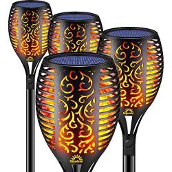 Solar Torch Lights Outdoor Dancing Flickering Flames Pack of 4 Piece Each 96 LED - Flame Solar Lights Outdoors Decorative Waterproof Garden Post Lamp with Solar Battery Powered for Patio