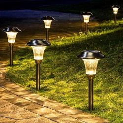 GIGALUMI 8 Pack Solar Pathway Lights, Solar Pathway Lights Outdoor Warm White, Waterproof Glass Stainless Steel Automatic Solar Landscape Lights for Patio, Yard, Lawn, Garden and Path (Silver Finish）