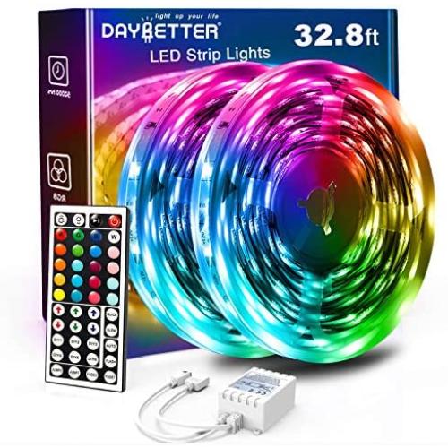 DAYBETTER Led Strip Lights 32.8ft 5050 RGB LEDs Color Changing Lights Strip for Bedroom, Desk, Home Decoration, with Remote and 12V Power Supply