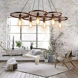 TFCFL 6-Light Wagon Wheel Chandelier, Farmhouse Retro Pendant Lighting with 6 Wheels for Cabin Kitchen Island Dining Room Bedroom and Foyer E27 Socket (Bronze)