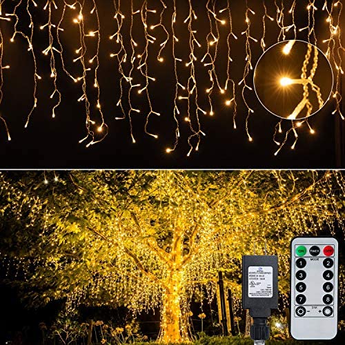 Led Icicle Christmas Lights Outdoor, 19.6 Feet 54 Drops with 306 Led, 8 Modes Waterproof Connectable Twinkle Fairy String Light for Thanksgiving Hanging Icicles Decoration Lighting, Warm White