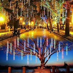 Lalapao Outdoor Christmas String Lights Solar Powered LED Meteor Shower Rain Lights Falling Raindrop Light 8 Tubes 288 LED Cascading Fairy Lights for Xmas Tree Garden Wedding Party Decor(Multi-color)