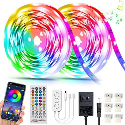LED Strip Lights 32.8ft, RGB LED Light Strip, Led Music Sync Color Changing Light Timing with 44 Keys Music Remote Bluetooth APP Controller Rainbow Led Lights for Bedroom, TV, Party
