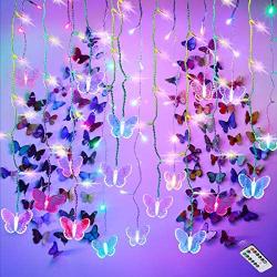LED Butterfly String Lights 4.9 Feet Curtain Lights 48 LED USB Powered 8 Modes Waterproof Window Curtain String Lights with Remote and 99 Pieces 3D Butterfly Stickers for Christmas Valentine Wedding