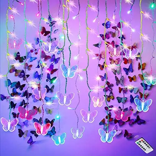 LED Butterfly String Lights 4.9 Feet Curtain Lights 48 LED USB Powered 8 Modes Waterproof Window Curtain String Lights with Remote and 99 Pieces 3D Butterfly Stickers for Christmas Valentine Wedding