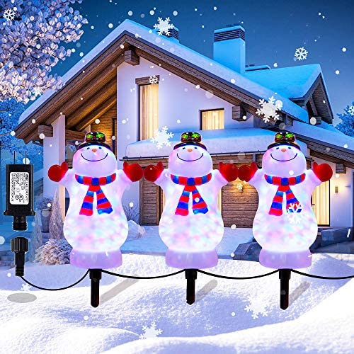 Christmas Decorations Snowman Landscape Path Lights Outdoor Stakes, HueLiv 3 PCS LED Outdoor Snowman Pathway Lights, Plug in Waterproof Pathway Stake Lights for Decor Garden, Patio, Yard, Lawn