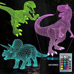 Dinosaur Toys Night Light - 3D Night Lamp with Three Patterns & Remote Control & Smart Touch+16 Colors Changing Dimmable, Brithday Gifts for 2 3 4 5 6 7 8 Year Old Boys Girls Dinosaur Fans