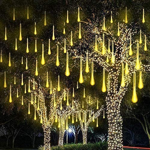 Solar Light Outdoor,MUEQU Waterproof Christmas String Lights Solar LED Meteor Shower Rain Lights Falling Raindrop Light 8Tubes 288LED Fairy Lights for Xmas Tree Garden Party Decor (Warm White)