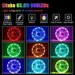 Litake 65.6ft LED Strip Lights Ultra-Long RGB LED Light Strips for Bedroom LED Color Changing Strip Lights with 44 Keys Remote 600LEDs SMD 5050 LED Tape Lights for Room Ceiling Kitchen Party