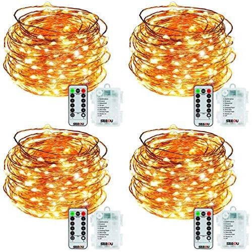 SEEOU 4 Set Fairy Lights Battery Operated String Lights with Remote 8 Modes Twinkle Lights 16.4ft 50 LED String Lights Battery Powered Firefly Lights for Christmas Wedding Party Bedroom Warm White