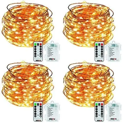 SEEOU 4 Set Fairy Lights Battery Operated String Lights with Remote 8 Modes Twinkle Lights 16.4ft 50 LED String Lights Battery Powered Firefly Lights for Christmas Wedding Party Bedroom Warm White