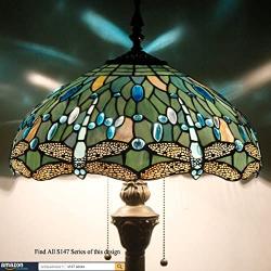 Tiffany Floor Standing Lamp W16H64 Inch Tall Sea Blue Stained Glass Crystal Bead Dragonfly Style Shade 2E26 Antique Lighting Resin Base S147 WERFACTORY Lamps Bedroom Living Room Bookcase Lover Gifts